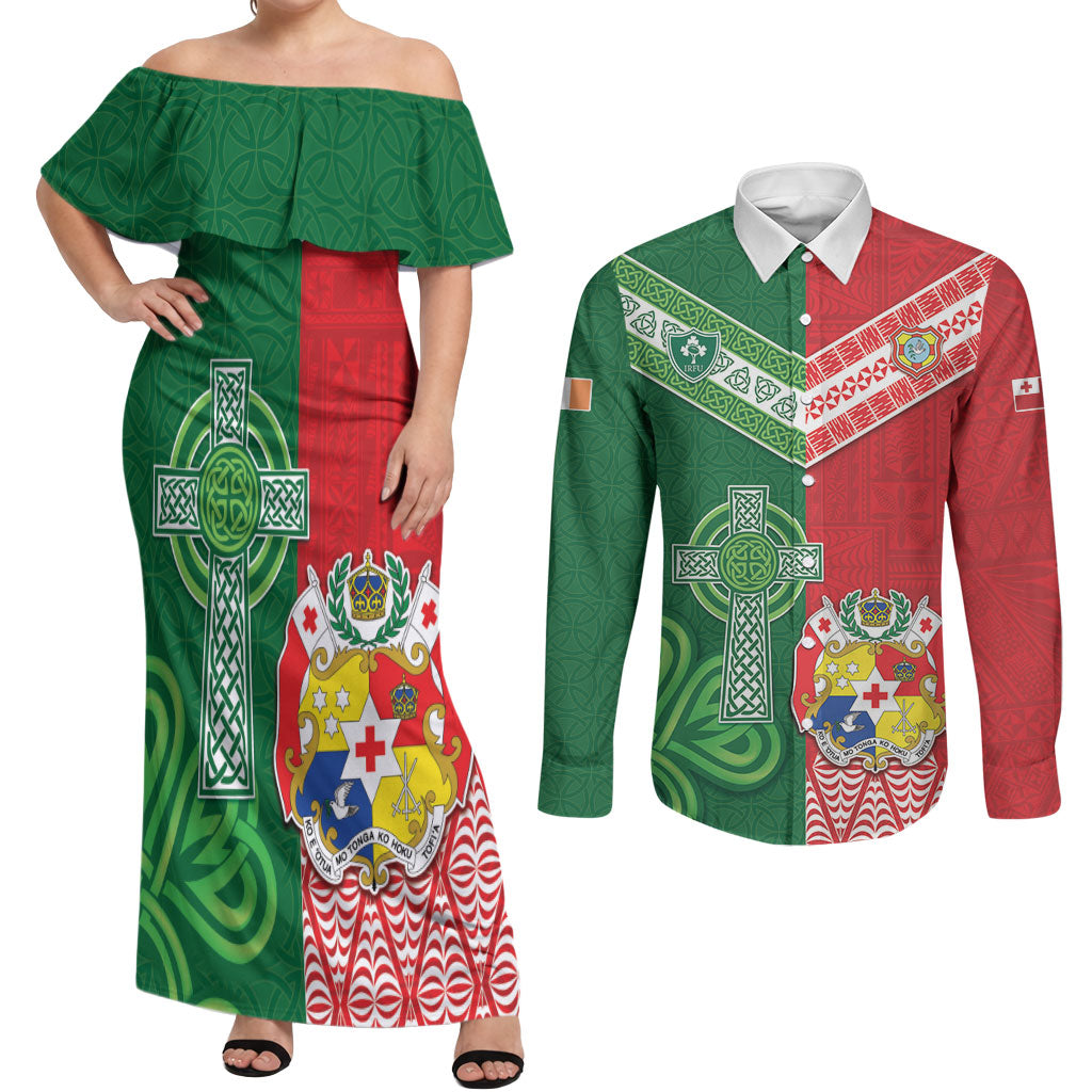Tonga Ireland Rugby Custom Couples Matching Off Shoulder Maxi Dress and Long Sleeve Button Shirt Ikale Tahi With Shamrocks Together
