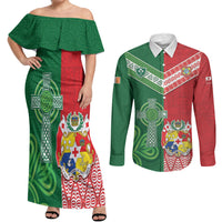 Tonga Ireland Rugby Custom Couples Matching Off Shoulder Maxi Dress and Long Sleeve Button Shirt Ikale Tahi With Shamrocks Together