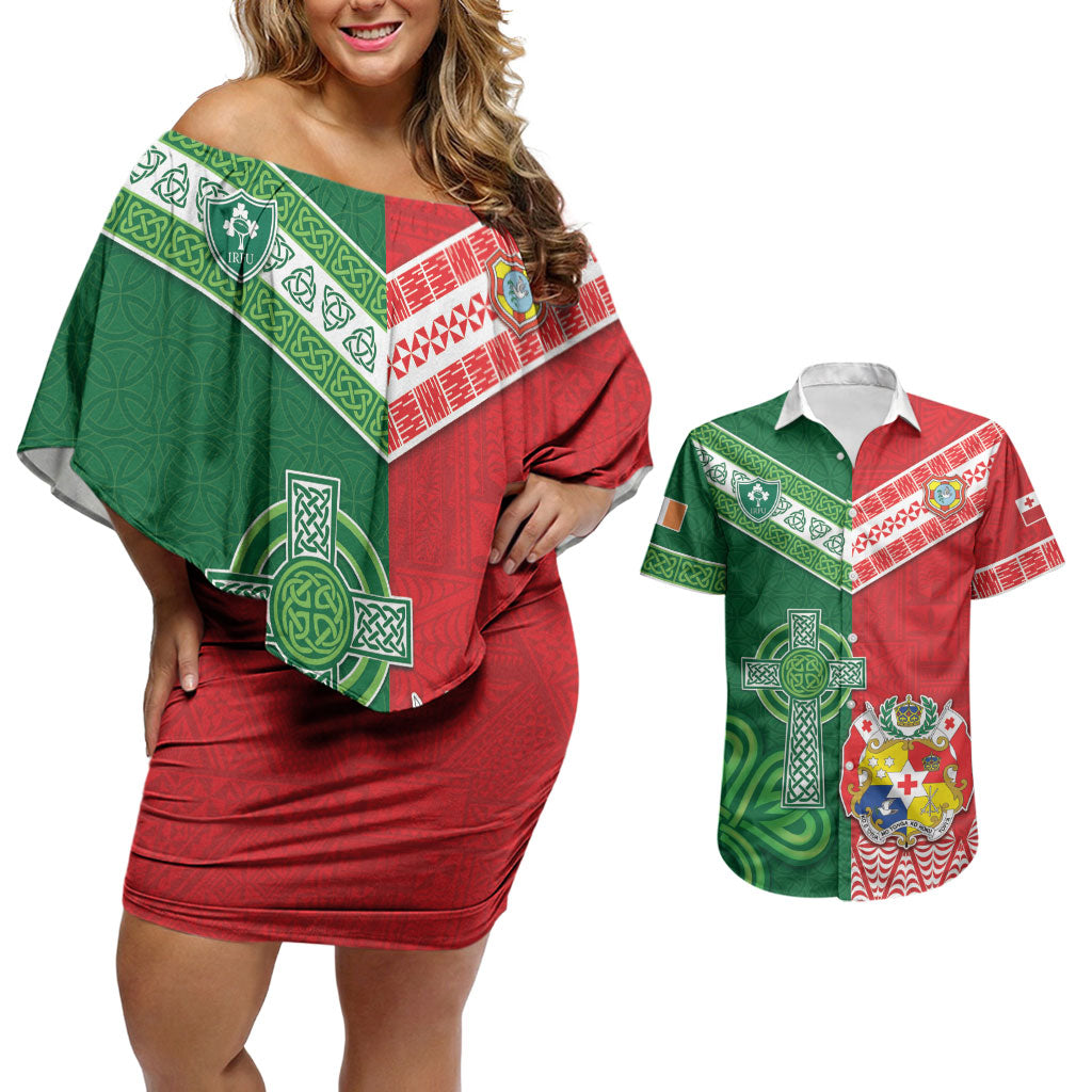 Tonga Ireland Rugby Custom Couples Matching Off Shoulder Short Dress and Hawaiian Shirt Ikale Tahi With Shamrocks Together