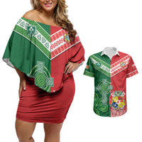 Tonga Ireland Rugby Custom Couples Matching Off Shoulder Short Dress and Hawaiian Shirt Ikale Tahi With Shamrocks Together