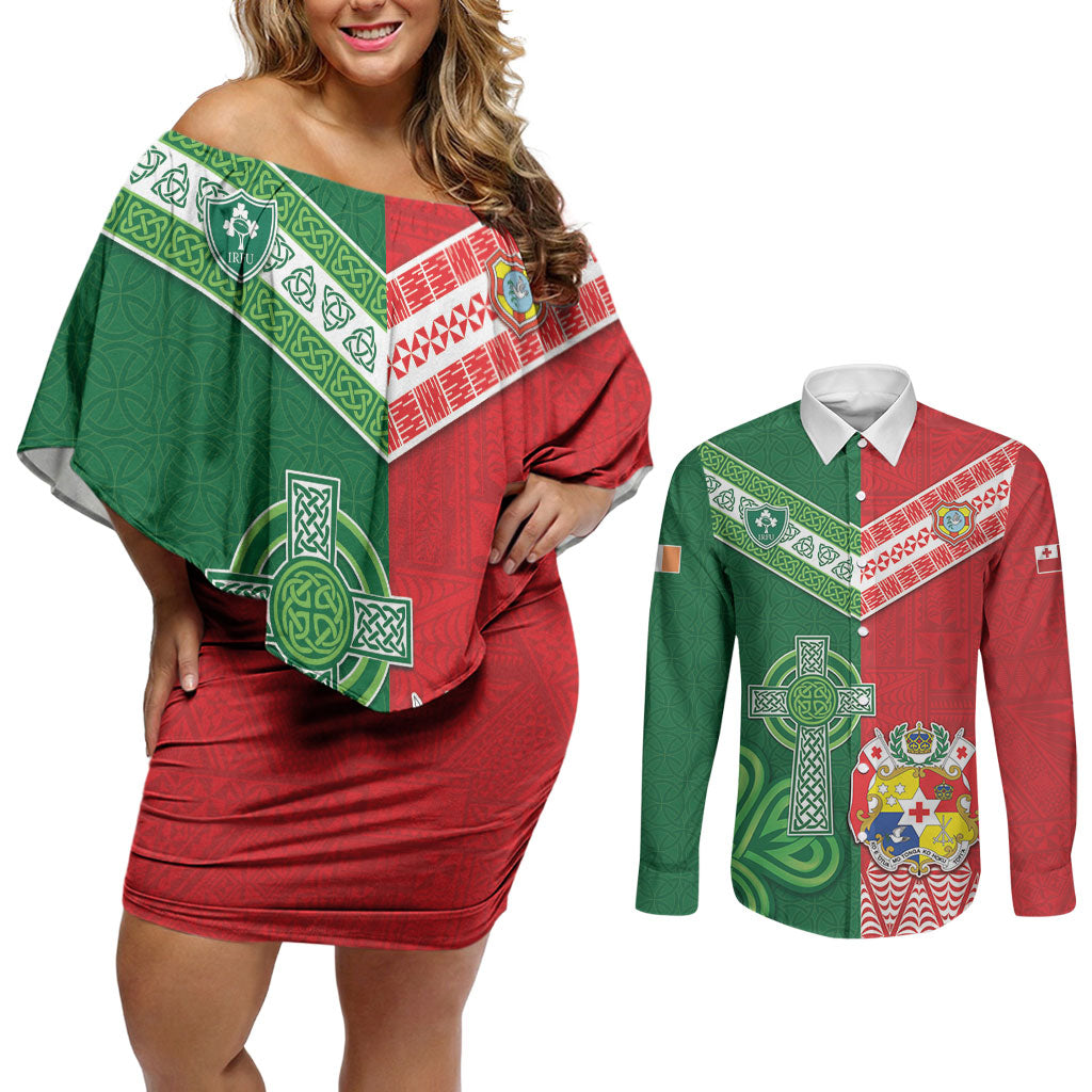 Tonga Ireland Rugby Custom Couples Matching Off Shoulder Short Dress and Long Sleeve Button Shirt Ikale Tahi With Shamrocks Together
