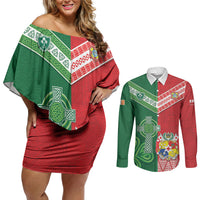 Tonga Ireland Rugby Custom Couples Matching Off Shoulder Short Dress and Long Sleeve Button Shirt Ikale Tahi With Shamrocks Together