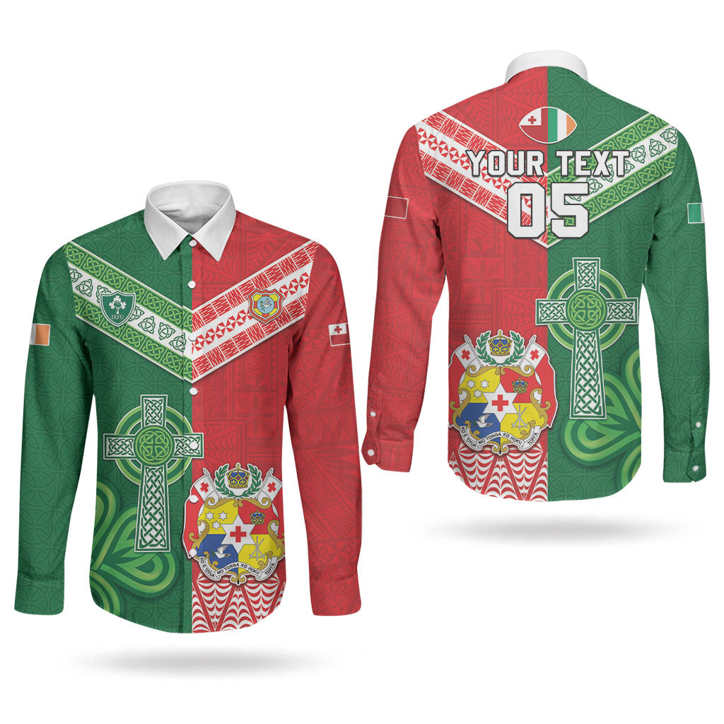 Tonga Ireland Rugby Custom Couples Matching Off Shoulder Short Dress and Long Sleeve Button Shirt Ikale Tahi With Shamrocks Together