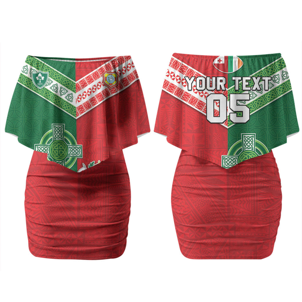 Tonga Ireland Rugby Custom Couples Matching Off Shoulder Short Dress and Long Sleeve Button Shirt Ikale Tahi With Shamrocks Together
