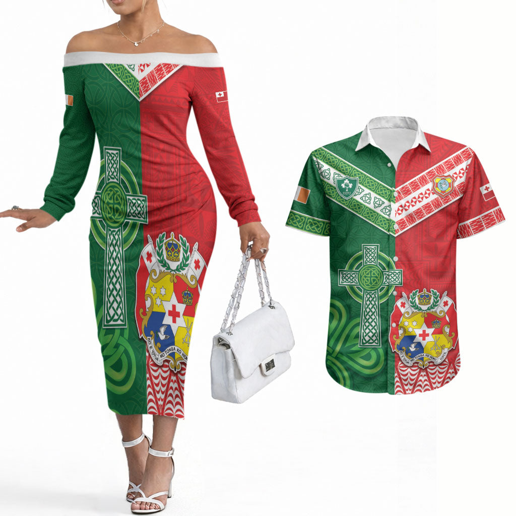 Tonga Ireland Rugby Custom Couples Matching Off The Shoulder Long Sleeve Dress and Hawaiian Shirt Ikale Tahi With Shamrocks Together