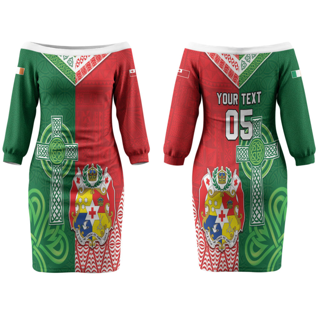 Tonga Ireland Rugby Custom Couples Matching Off The Shoulder Long Sleeve Dress and Hawaiian Shirt Ikale Tahi With Shamrocks Together