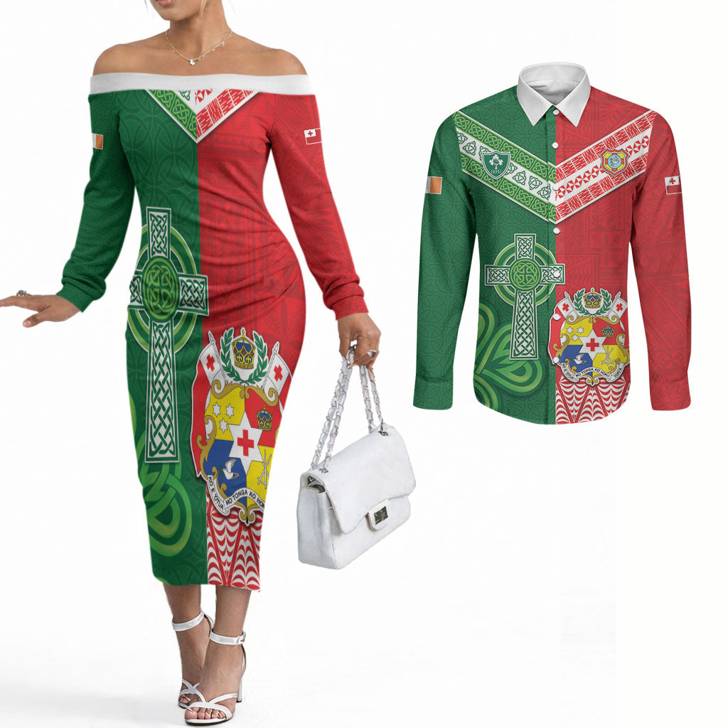 Tonga Ireland Rugby Custom Couples Matching Off The Shoulder Long Sleeve Dress and Long Sleeve Button Shirt Ikale Tahi With Shamrocks Together