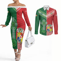 Tonga Ireland Rugby Custom Couples Matching Off The Shoulder Long Sleeve Dress and Long Sleeve Button Shirt Ikale Tahi With Shamrocks Together