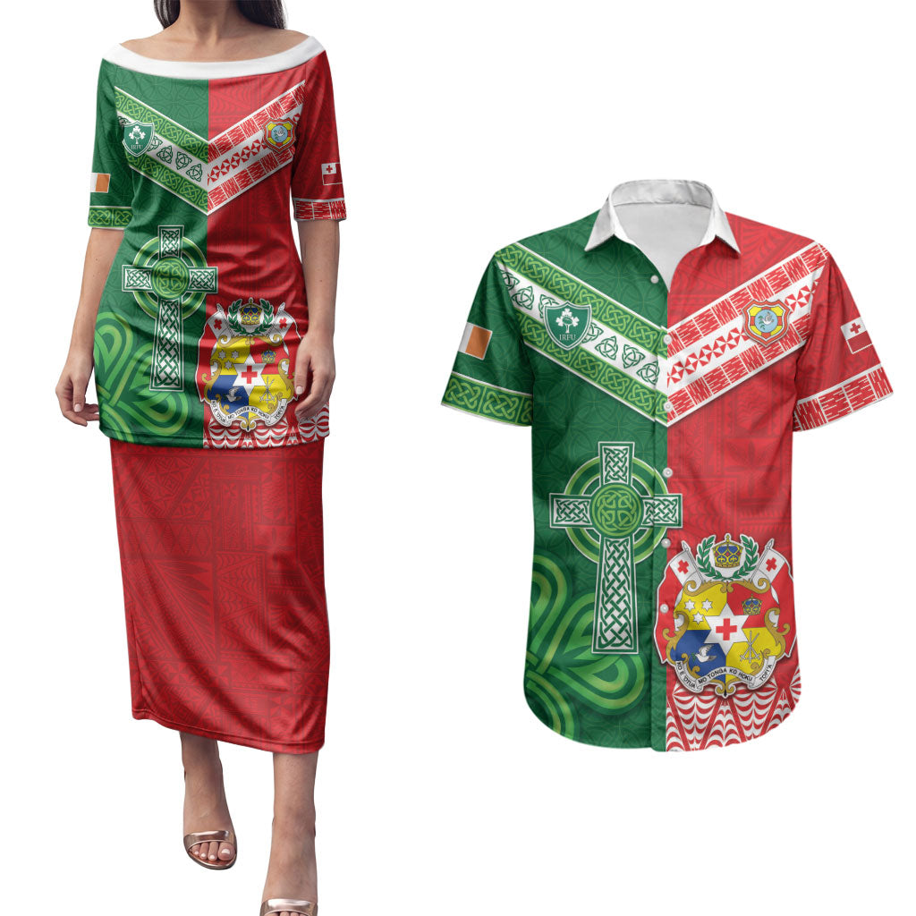 Tonga Ireland Rugby Custom Couples Matching Puletasi and Hawaiian Shirt Ikale Tahi With Shamrocks Together