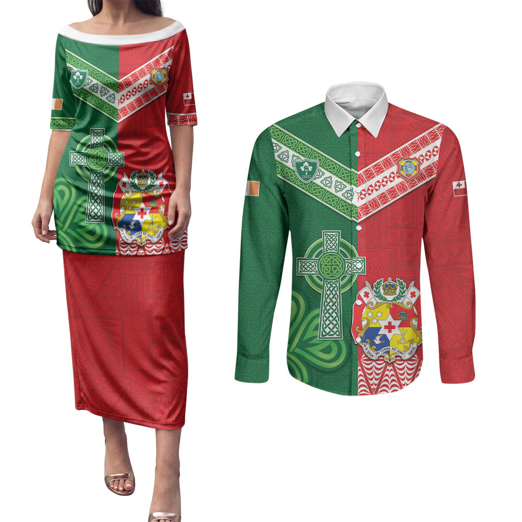 Tonga Ireland Rugby Custom Couples Matching Puletasi and Long Sleeve Button Shirt Ikale Tahi With Shamrocks Together