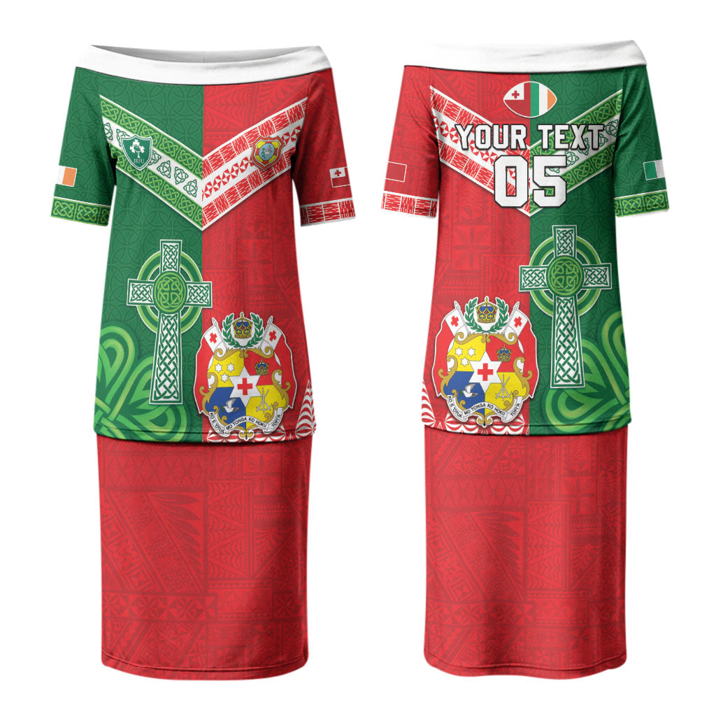 Tonga Ireland Rugby Custom Couples Matching Puletasi and Long Sleeve Button Shirt Ikale Tahi With Shamrocks Together