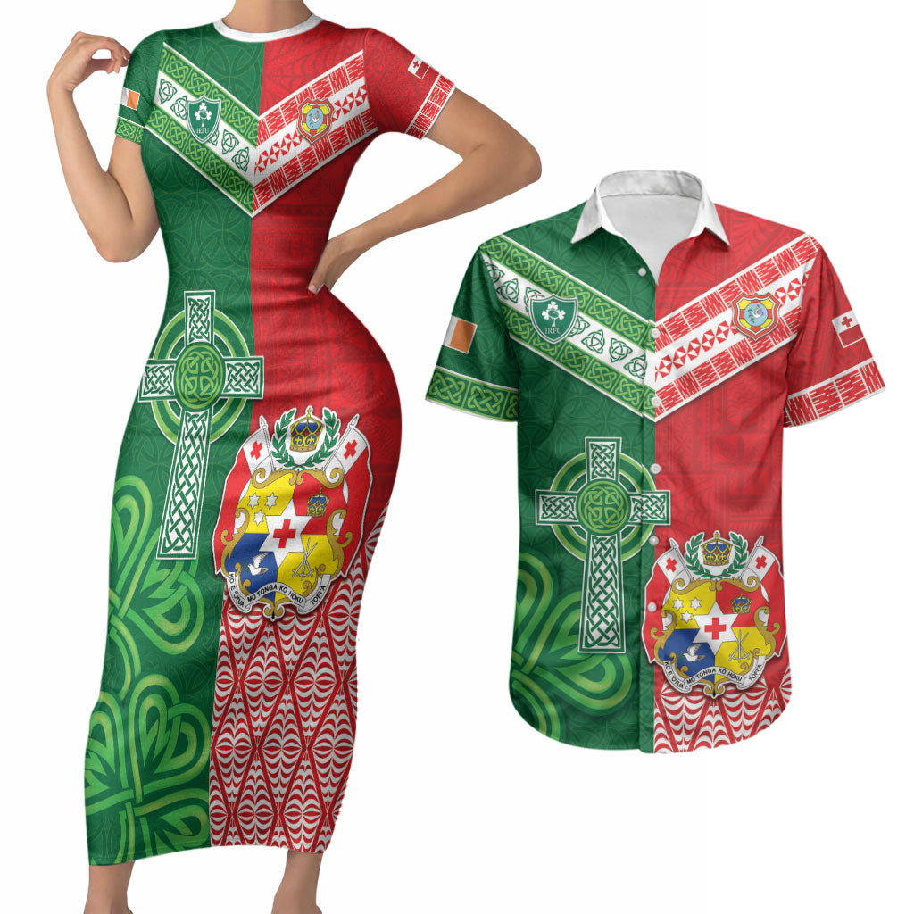 Tonga Ireland Rugby Custom Couples Matching Short Sleeve Bodycon Dress and Hawaiian Shirt Ikale Tahi With Shamrocks Together