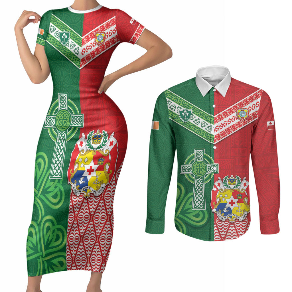 Tonga Ireland Rugby Custom Couples Matching Short Sleeve Bodycon Dress and Long Sleeve Button Shirt Ikale Tahi With Shamrocks Together