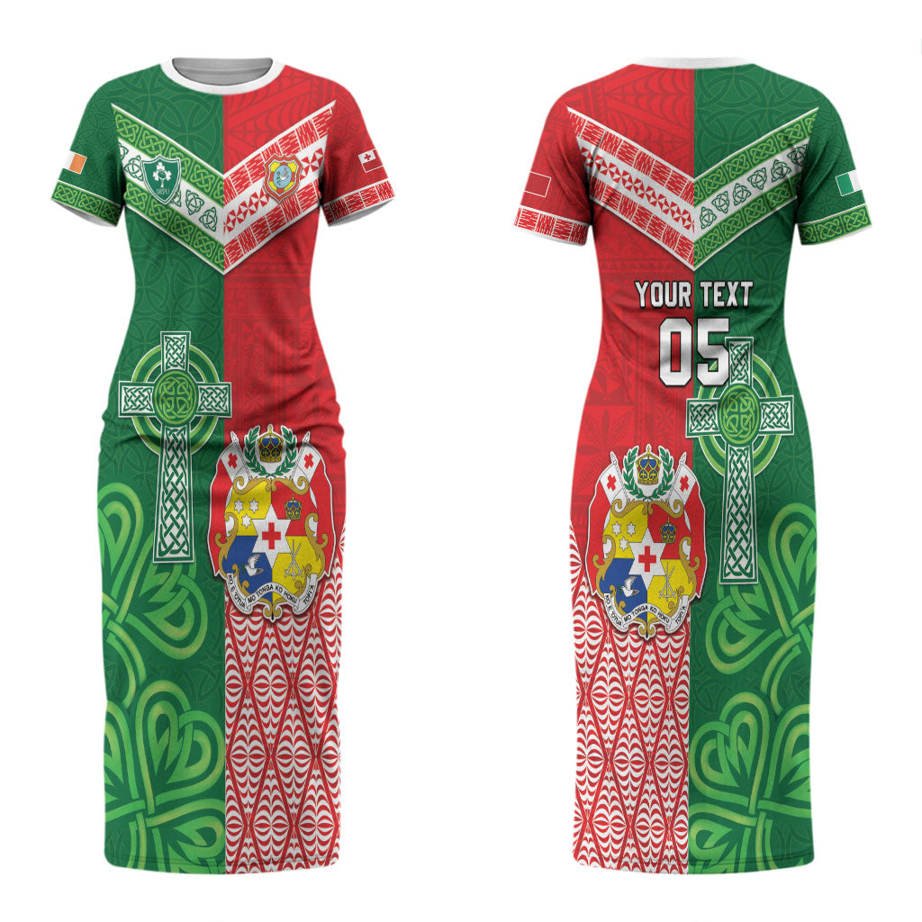 Tonga Ireland Rugby Custom Couples Matching Short Sleeve Bodycon Dress and Long Sleeve Button Shirt Ikale Tahi With Shamrocks Together