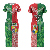 Tonga Ireland Rugby Custom Couples Matching Short Sleeve Bodycon Dress and Long Sleeve Button Shirt Ikale Tahi With Shamrocks Together