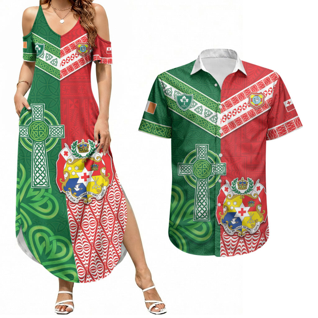 Tonga Ireland Rugby Custom Couples Matching Summer Maxi Dress and Hawaiian Shirt Ikale Tahi With Shamrocks Together