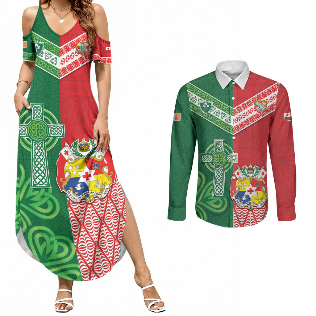 Tonga Ireland Rugby Custom Couples Matching Summer Maxi Dress and Long Sleeve Button Shirt Ikale Tahi With Shamrocks Together