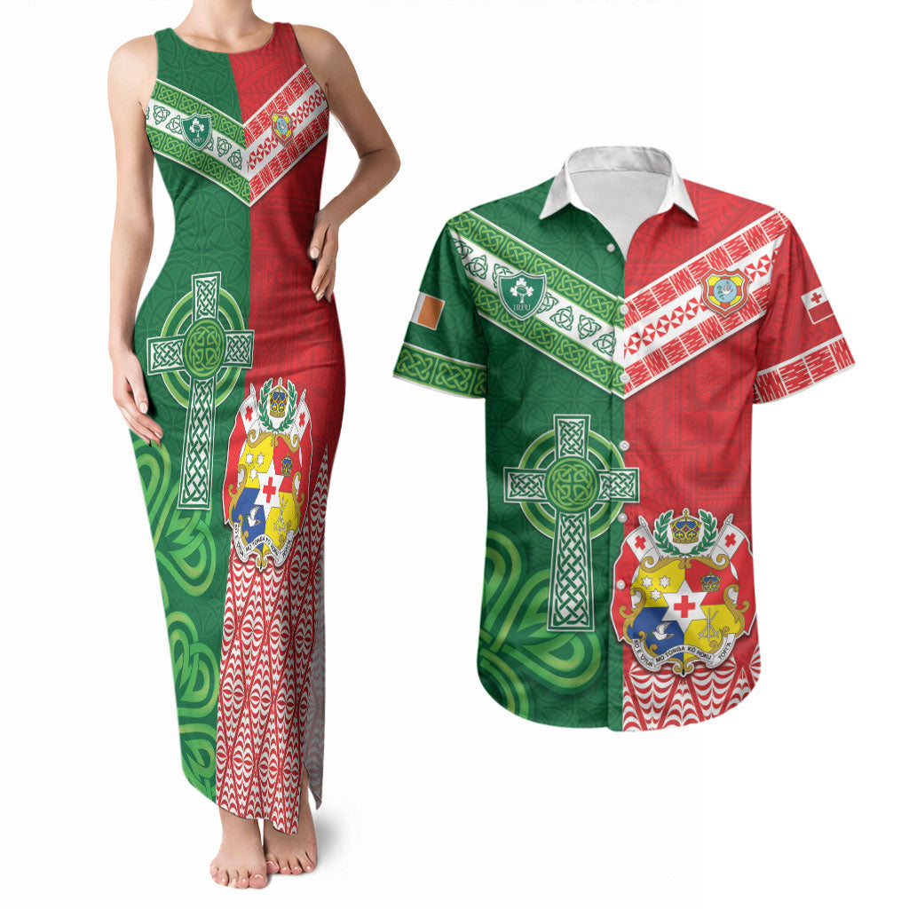 Tonga Ireland Rugby Custom Couples Matching Tank Maxi Dress and Hawaiian Shirt Ikale Tahi With Shamrocks Together