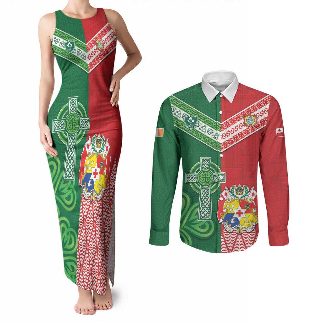 Tonga Ireland Rugby Custom Couples Matching Tank Maxi Dress and Long Sleeve Button Shirt Ikale Tahi With Shamrocks Together