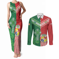Tonga Ireland Rugby Custom Couples Matching Tank Maxi Dress and Long Sleeve Button Shirt Ikale Tahi With Shamrocks Together