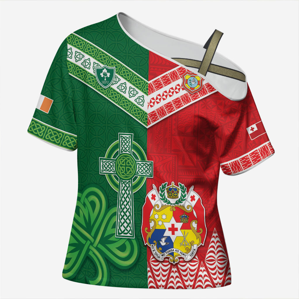 Tonga Ireland Rugby Custom Cross Shoulder Shirt Ikale Tahi With Shamrocks Together