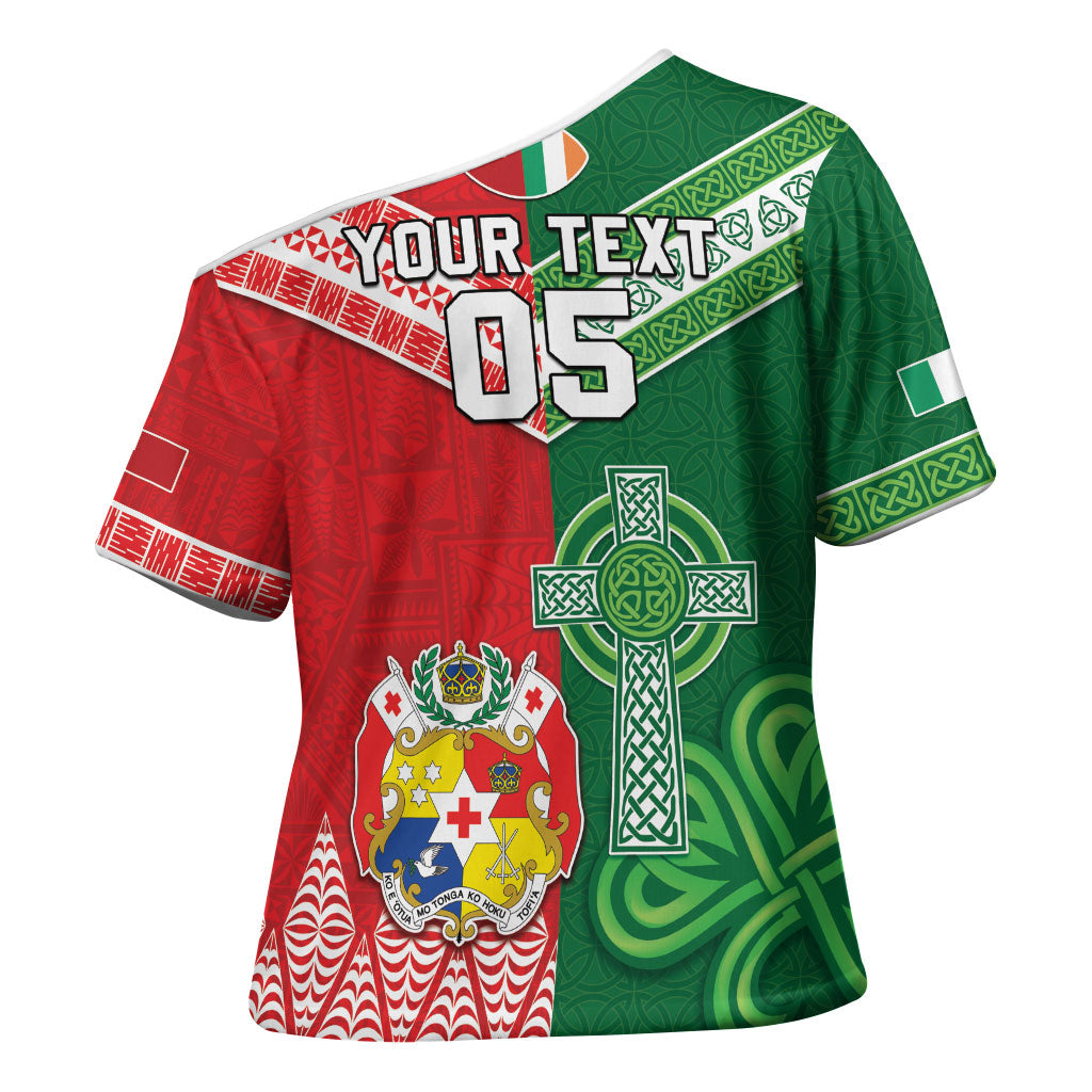Tonga Ireland Rugby Custom Cross Shoulder Shirt Ikale Tahi With Shamrocks Together