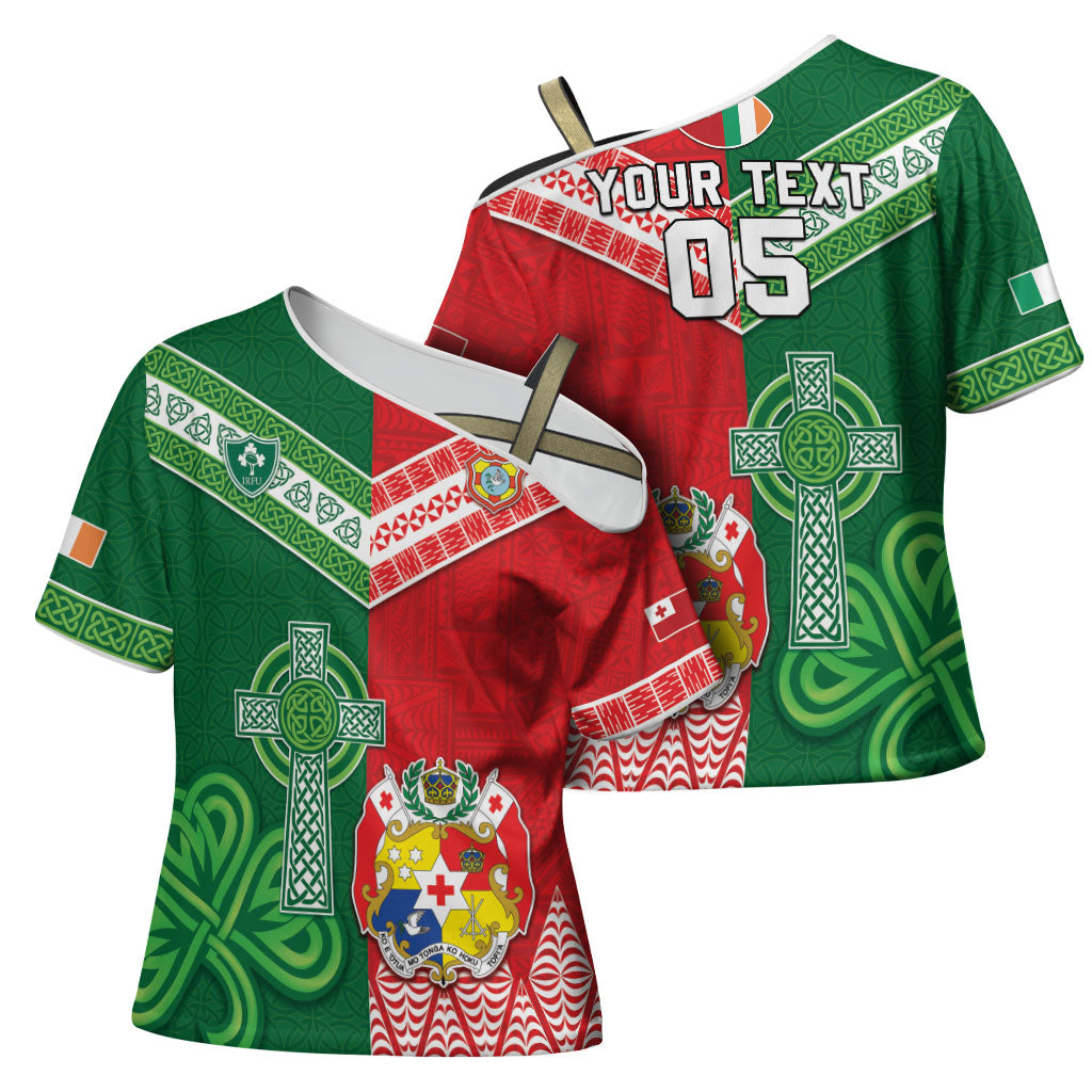 Tonga Ireland Rugby Custom Cross Shoulder Shirt Ikale Tahi With Shamrocks Together