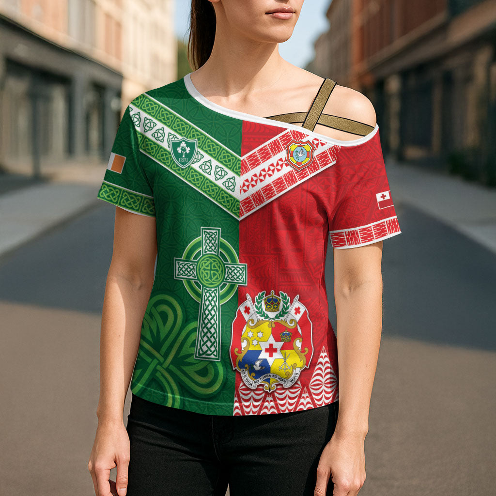 Tonga Ireland Rugby Custom Cross Shoulder Shirt Ikale Tahi With Shamrocks Together