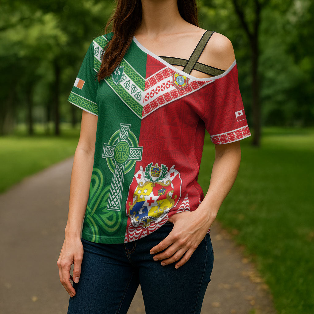 Tonga Ireland Rugby Custom Cross Shoulder Shirt Ikale Tahi With Shamrocks Together