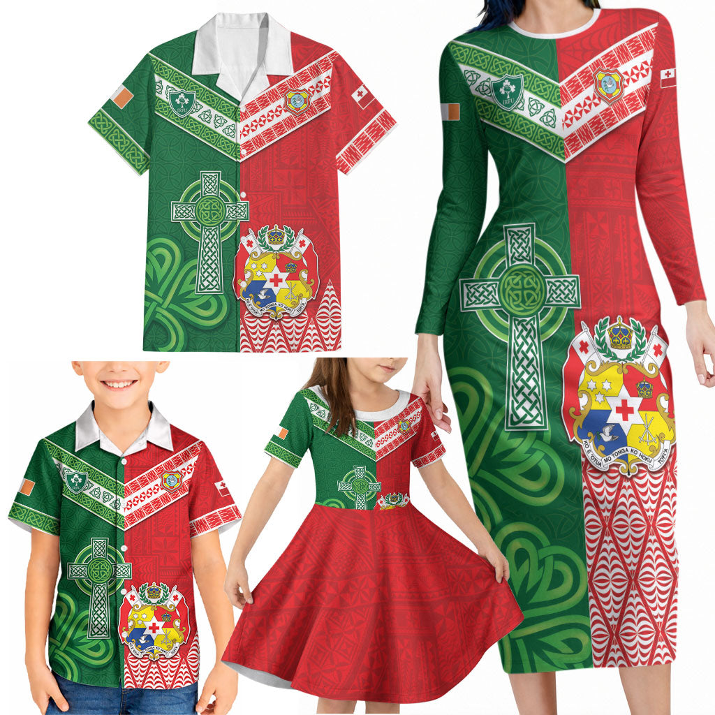 Tonga Ireland Rugby Custom Family Matching Long Sleeve Bodycon Dress and Hawaiian Shirt Ikale Tahi With Shamrocks Together