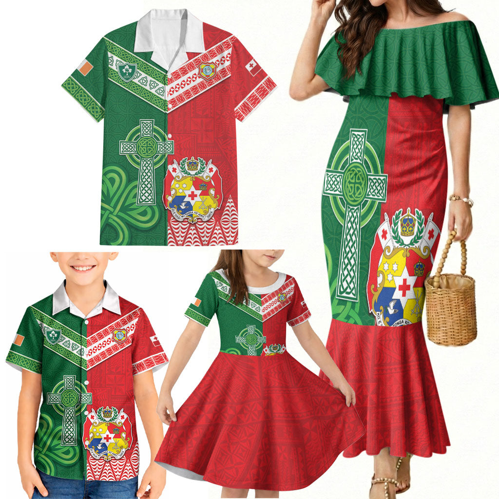 Tonga Ireland Rugby Custom Family Matching Mermaid Dress and Hawaiian Shirt Ikale Tahi With Shamrocks Together