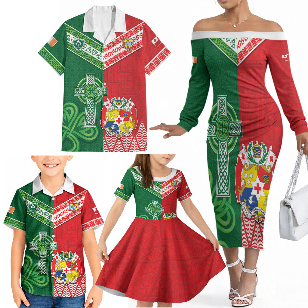 Tonga Ireland Rugby Custom Family Matching Off The Shoulder Long Sleeve Dress and Hawaiian Shirt Ikale Tahi With Shamrocks Together