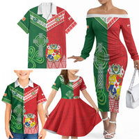 Tonga Ireland Rugby Custom Family Matching Off The Shoulder Long Sleeve Dress and Hawaiian Shirt Ikale Tahi With Shamrocks Together