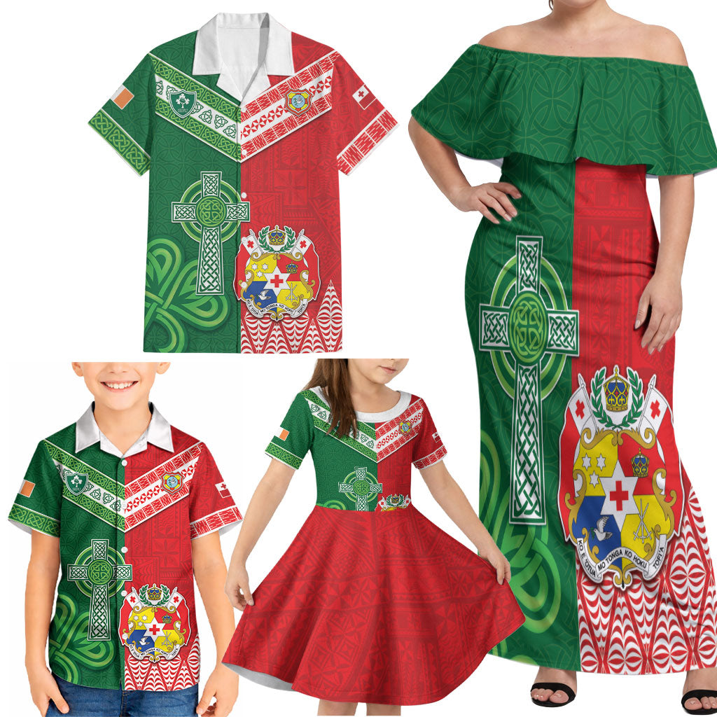 Tonga Ireland Rugby Custom Family Matching Off Shoulder Maxi Dress and Hawaiian Shirt Ikale Tahi With Shamrocks Together