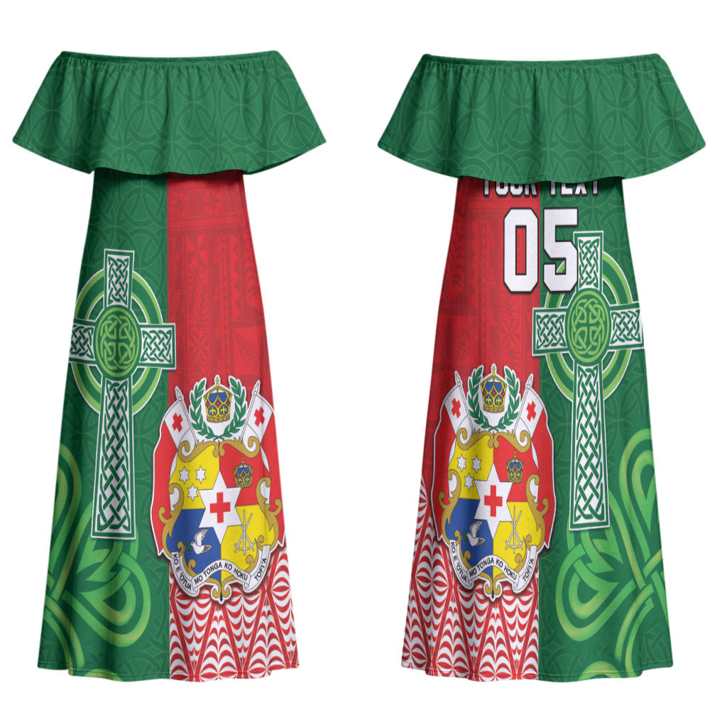Tonga Ireland Rugby Custom Family Matching Off Shoulder Maxi Dress and Hawaiian Shirt Ikale Tahi With Shamrocks Together