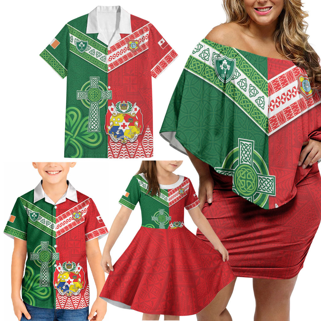 Tonga Ireland Rugby Custom Family Matching Off Shoulder Short Dress and Hawaiian Shirt Ikale Tahi With Shamrocks Together