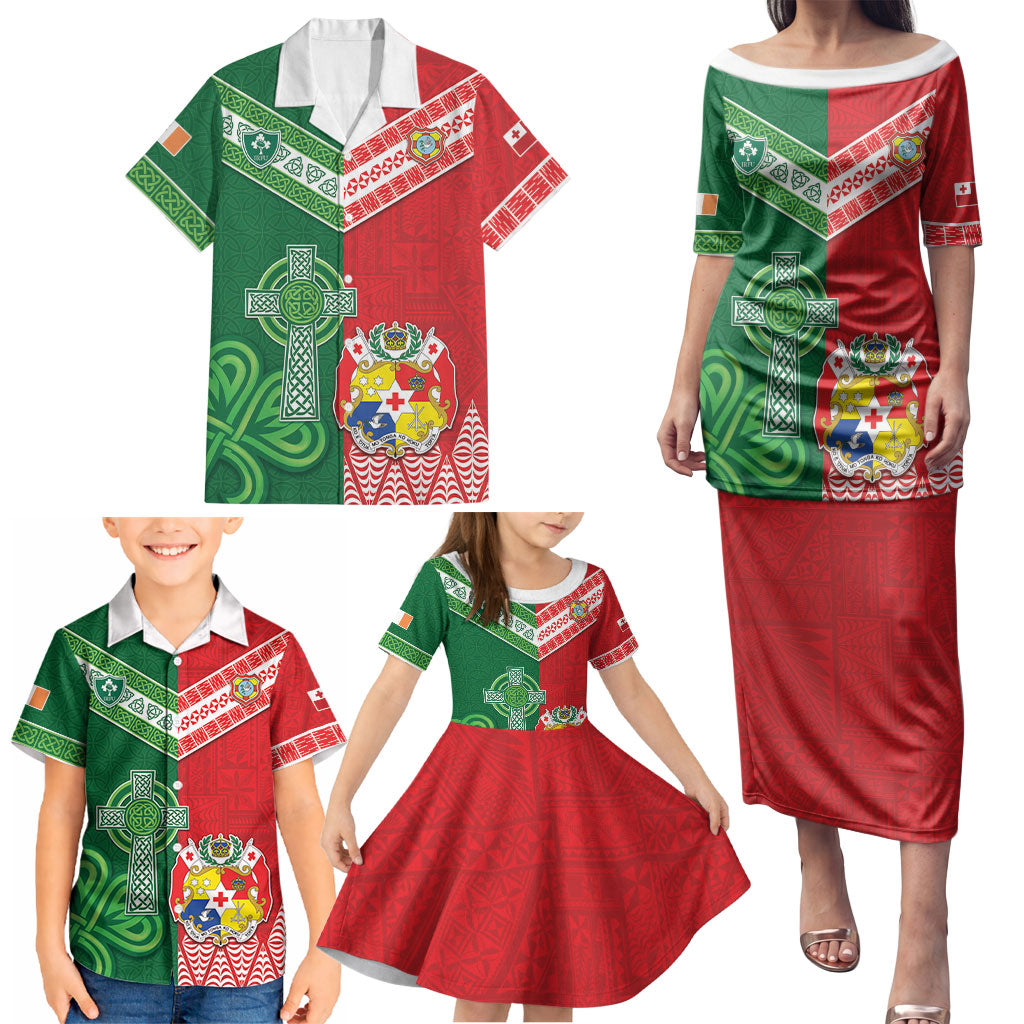 Tonga Ireland Rugby Custom Family Matching Puletasi and Hawaiian Shirt Ikale Tahi With Shamrocks Together