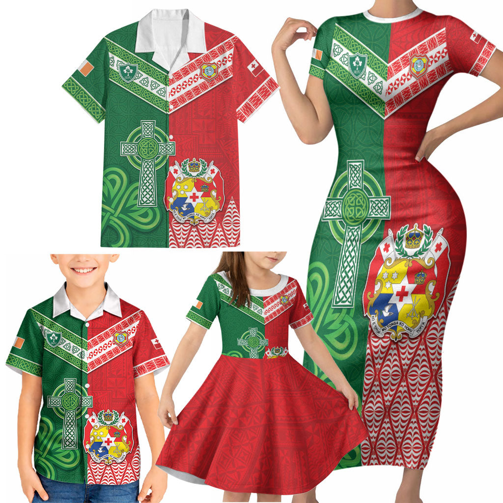 Tonga Ireland Rugby Custom Family Matching Short Sleeve Bodycon Dress and Hawaiian Shirt Ikale Tahi With Shamrocks Together