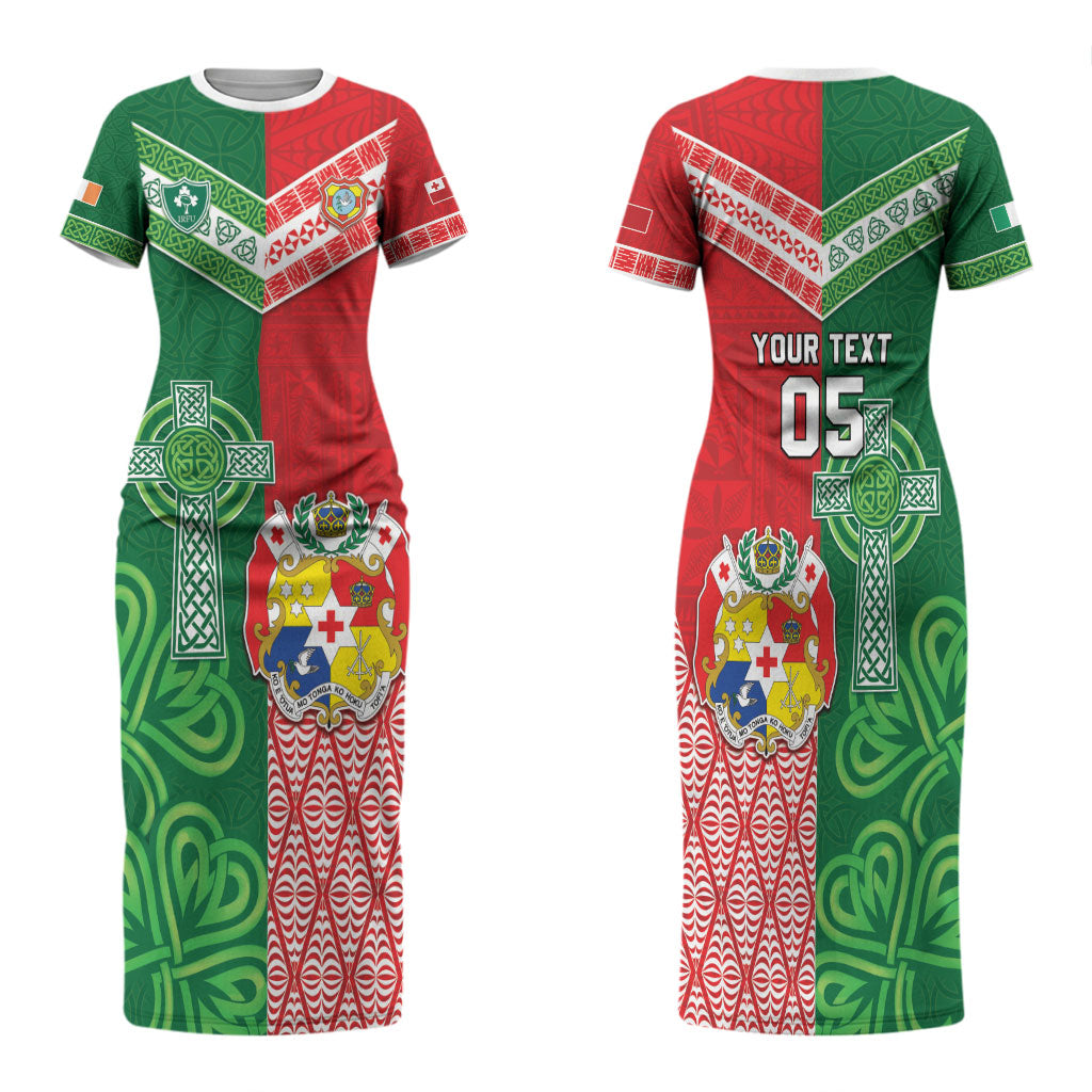 Tonga Ireland Rugby Custom Family Matching Short Sleeve Bodycon Dress and Hawaiian Shirt Ikale Tahi With Shamrocks Together