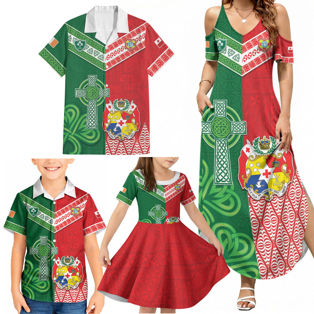 Tonga Ireland Rugby Custom Family Matching Summer Maxi Dress and Hawaiian Shirt Ikale Tahi With Shamrocks Together