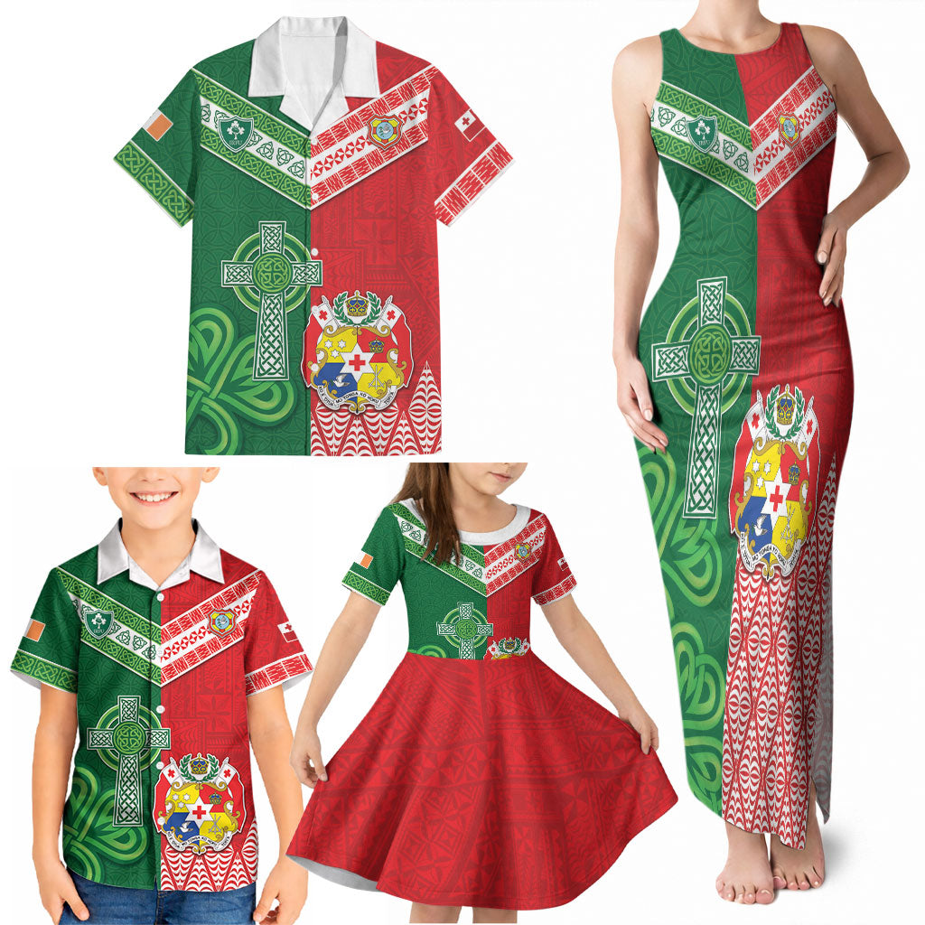Tonga Ireland Rugby Custom Family Matching Tank Maxi Dress and Hawaiian Shirt Ikale Tahi With Shamrocks Together