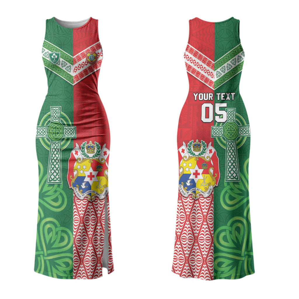 Tonga Ireland Rugby Custom Family Matching Tank Maxi Dress and Hawaiian Shirt Ikale Tahi With Shamrocks Together