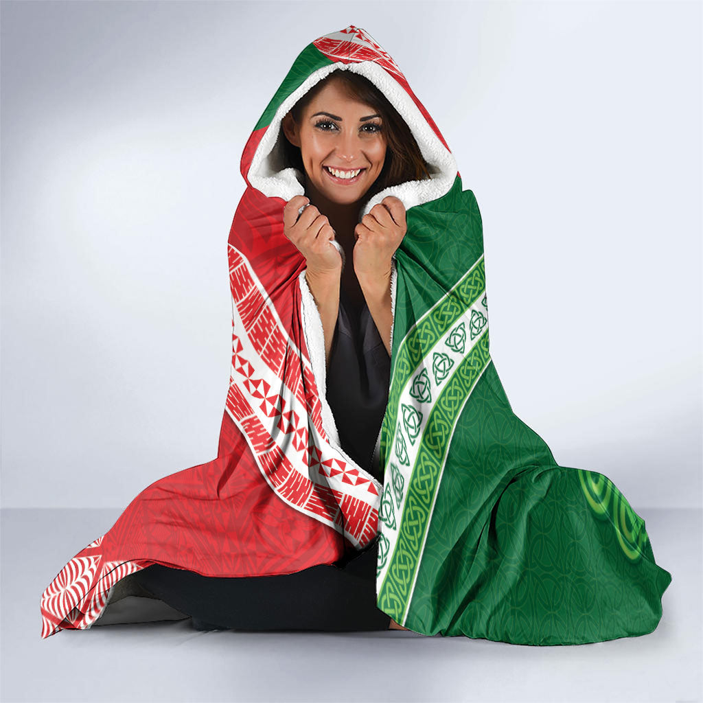 Tonga Ireland Rugby Custom Hooded Blanket Ikale Tahi With Shamrocks Together