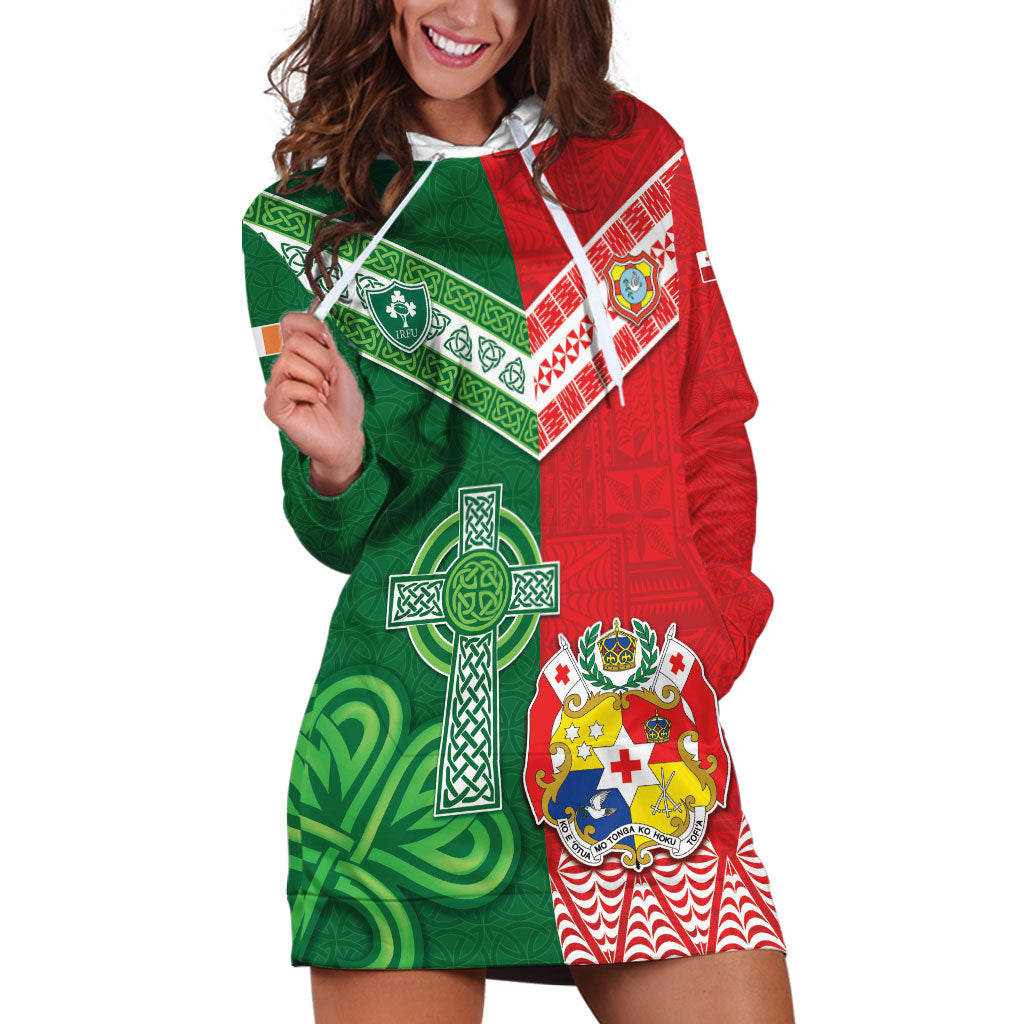 Tonga Ireland Rugby Custom Hoodie Dress Ikale Tahi With Shamrocks Together