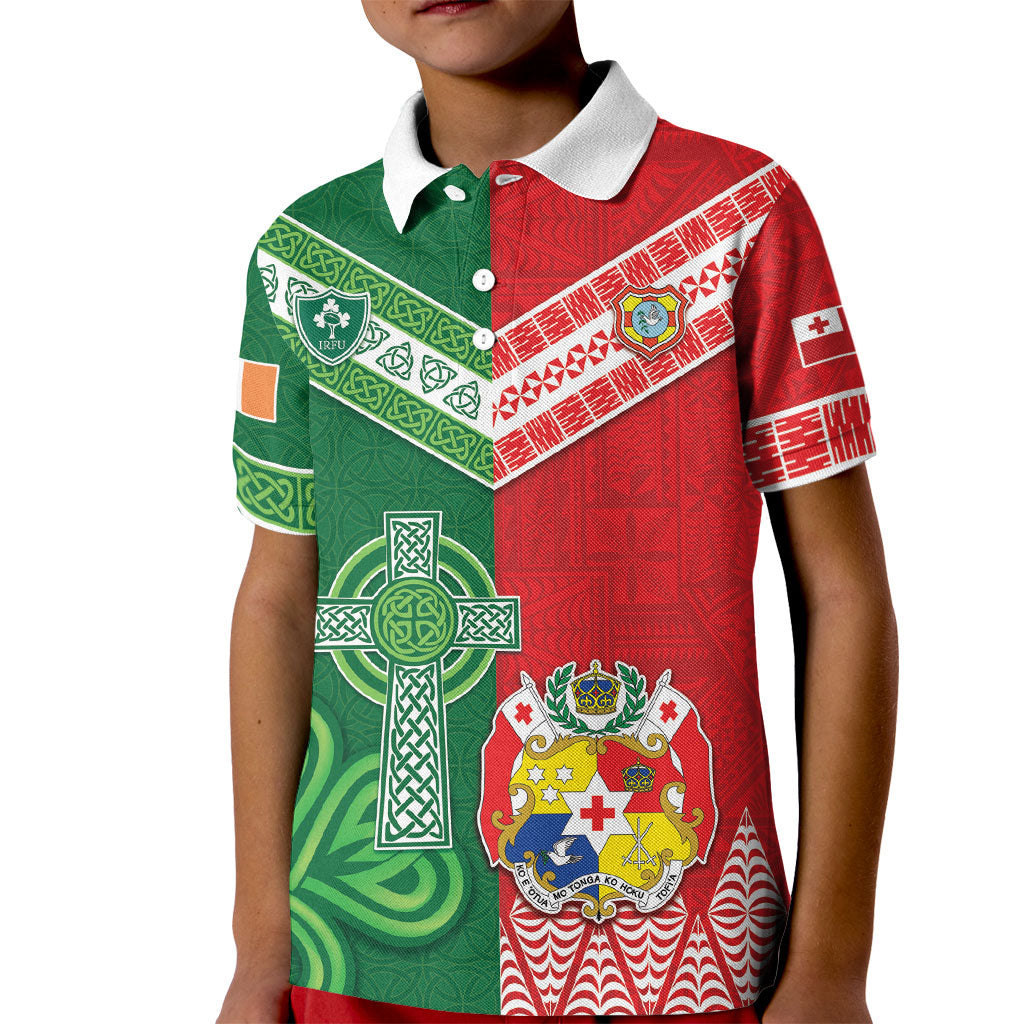 Tonga Ireland Rugby Custom Kid Polo Shirt Ikale Tahi With Shamrocks Together