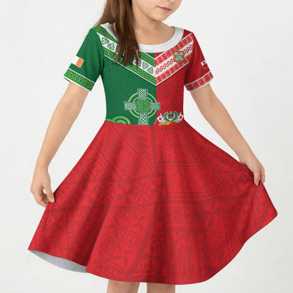 Tonga Ireland Rugby Custom Kid Short Sleeve Dress Ikale Tahi With Shamrocks Together