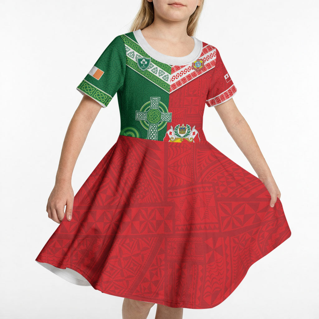 Tonga Ireland Rugby Custom Kid Short Sleeve Dress Ikale Tahi With Shamrocks Together