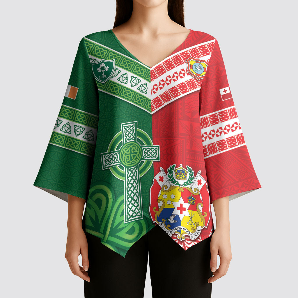 Tonga Ireland Rugby Custom Kimono Sleeve Blouse Ikale Tahi With Shamrocks Together