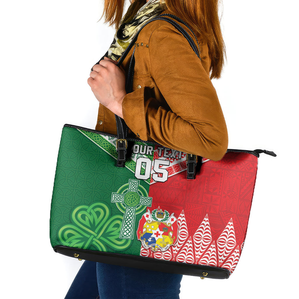 Tonga Ireland Rugby Custom Leather Tote Bag Ikale Tahi With Shamrocks Together