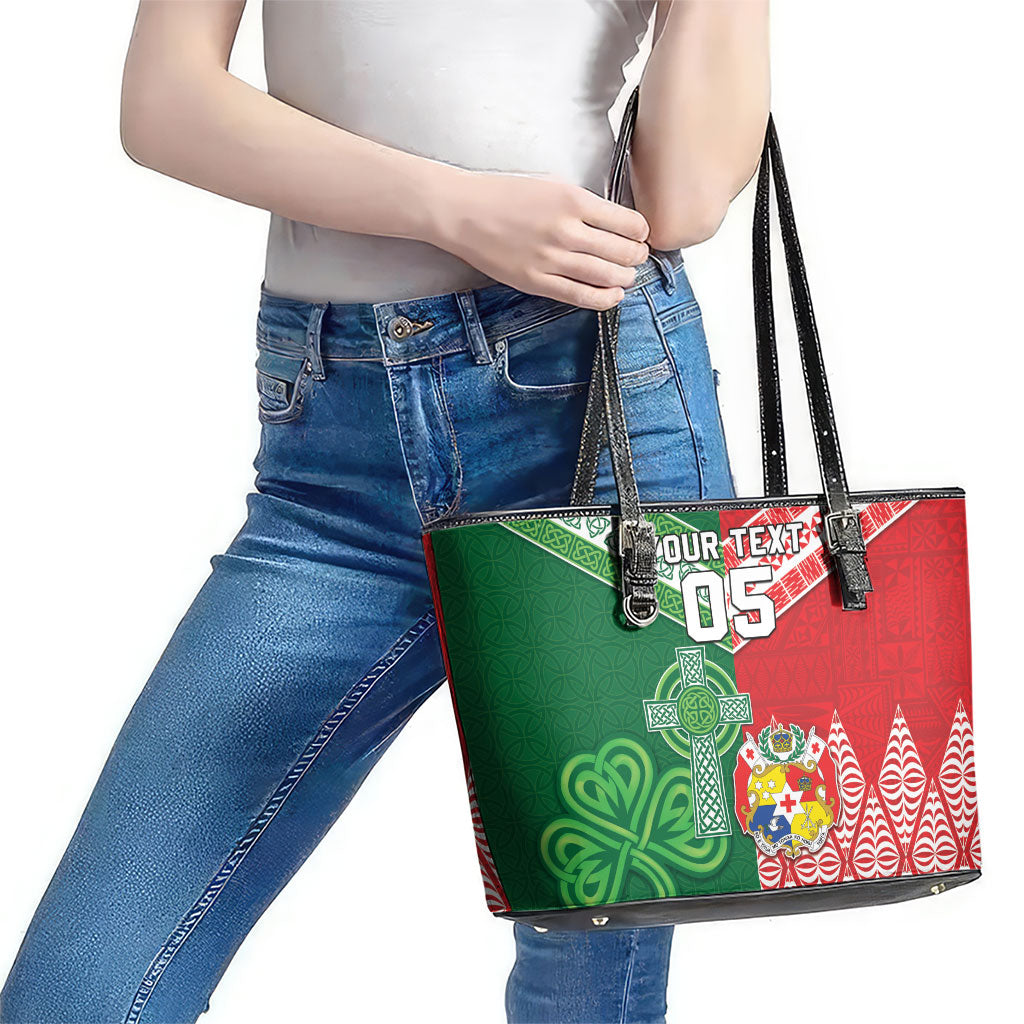 Tonga Ireland Rugby Custom Leather Tote Bag Ikale Tahi With Shamrocks Together